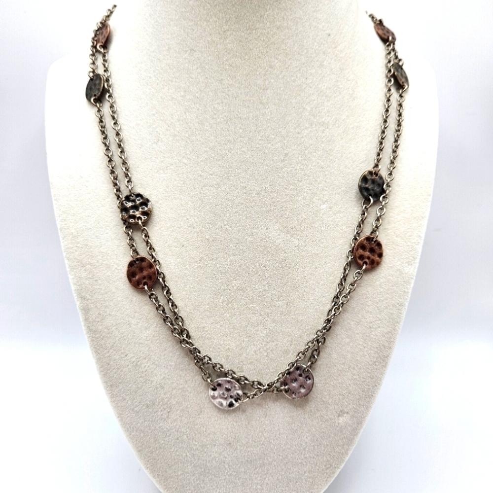 VINTAGE Premier Designs Multi-Tone Hammered Disk Long 38" Necklace